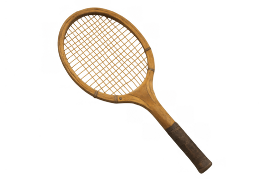 Vintage wooden tennis racket with strings and handle on transparent background, symbolizing retro sports and history