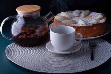 breakfast with brewed tea and apple pie