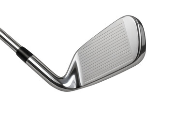 Golf iron club head detail showing metallic finish with face grooves on transparent alpha channel background