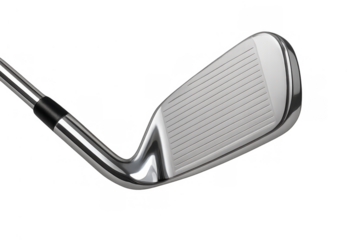 Golf iron club head detail showing metallic finish with face grooves on transparent alpha channel background