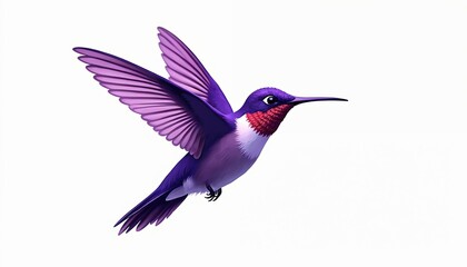 Fototapeta premium Illustration of a purple hummingbird in flight isolated on white. Graphic art shows the bird with detailed feathers wings beak. Design suitable for logo or print.