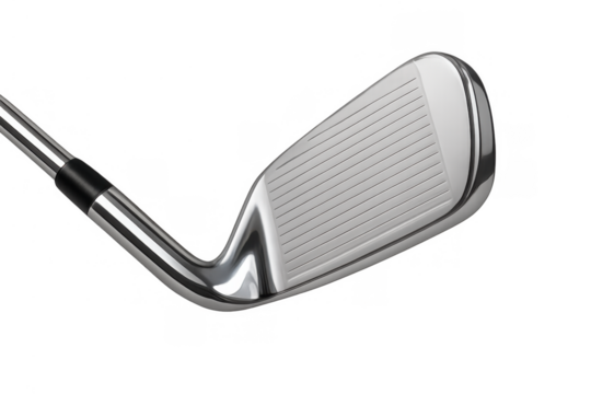 Golf iron club head detail showing metallic finish with face grooves on transparent alpha channel background