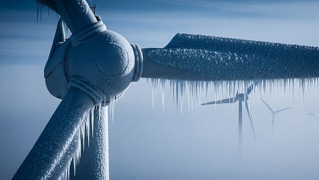 Close up of wind turbine blades covered in thick ice and icicles during cold winter weather