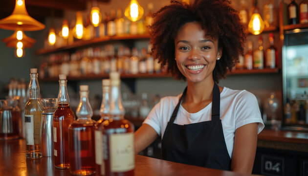 Smiling bartender poses at bar. Woman with curly hair wears apron. Bottles on the counter. Bright lights and blurred background. Bar atmosphere. Hospitality concept.