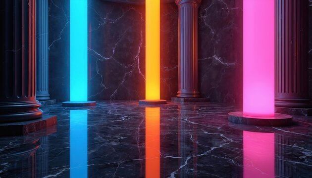 Abstract indoor scene with illuminated pillars of blue orange and pink light. Dark marble walls and floor reflect vibrant neon colors creating futuristic space. Classical columns frame modern display.