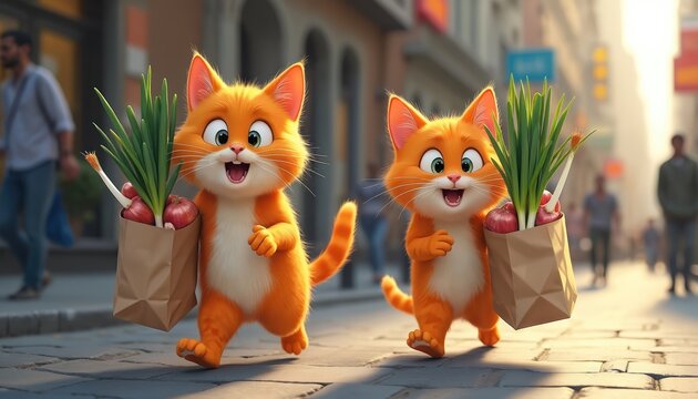 Two cute orange cats hurry down city street holding bags with onions and green onions. Funny animals cartoon characters shopping for groceries. Cats returning from market carrying bags of vegetables.