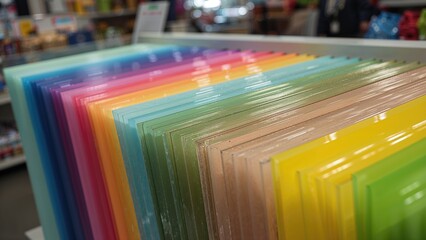 Colorful acrylic sheets arranged in a display, showcasing a variety of hues and textures in a store setting.