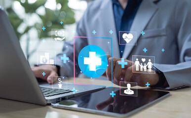 Businessman analyzing health insurance and medical finance plan, representing healthcare protection, medical coverage, and financial security management in modern business.