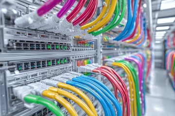 A server rack filled with colorful network cables in a modern IT setting.
