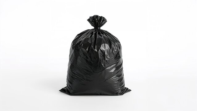 Black garbage bag on a plain white background. Trash bag, waste management, cleanup. Disposable, garbage, environmental waste. The concept of waste disposal and environmental cleanliness.