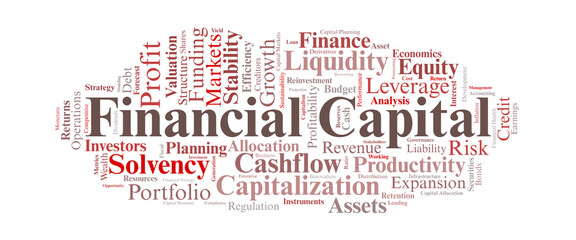 Financial Capital Word Cloud. Core Terms on Funding, Equity, Debt, Assets, and Growth