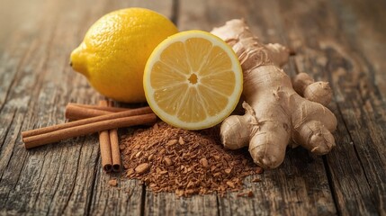 Fresh lemon and ginger on a wooden surface with spices and cinnamon - to strengthen the immune system in winter
