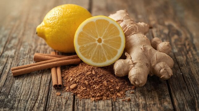 Fresh lemon and ginger on a wooden surface with spices and cinnamon - to strengthen the immune system in winter