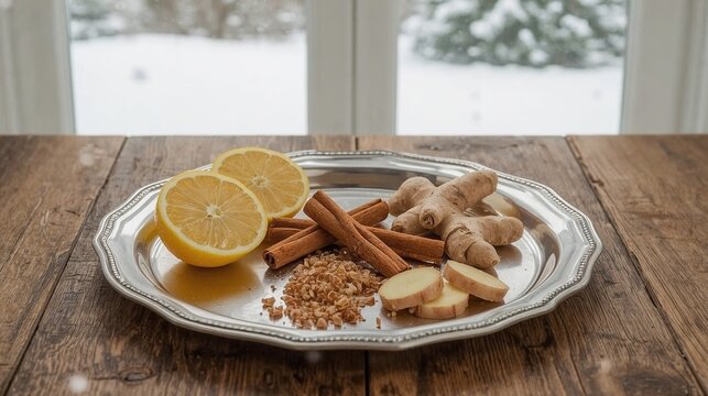 Sliced lemon, ginger root, and cinnamon sticks on silver tray indoors - Powered by Adobe