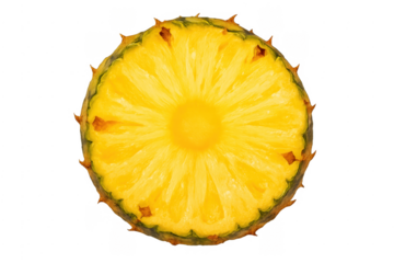 Round pineapple slice showing yellow juicy fruit on transparent background