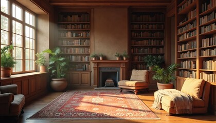 Sunlit library with floor-to-ceiling bookshelves, fireplace, and plush seating. Large window offers natural light, illuminating potted plants and oriental rug. Cozy warm interior space.