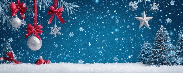 a blue background with snowflakes and christmas decorations, including red ribbons tied around silver ornaments Generative AI