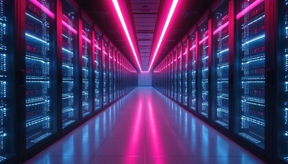Modern data center server racks glow with blue and pink lights. Rows of computer servers create a high tech network infrastructure. This network hub supports big data and cloud computing.