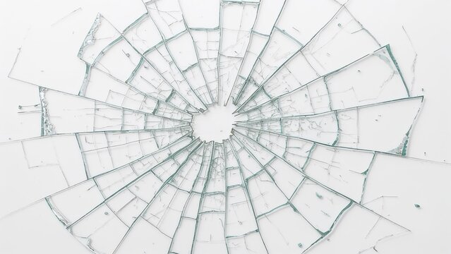 Broken glass mirror with a circular pattern. Fragmented pieces radiating from the center. Abstract shattered glass texture.
