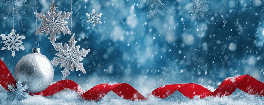 background of blue with snowflakes and christmas decorations, red ribbon, white ball on the left side, silver stars in the background, snow falling Generative AI - Powered by Adobe