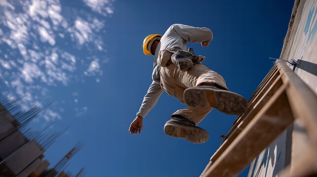 A construction worker in a safety helmet is slipping from a small ladder at a building site.
