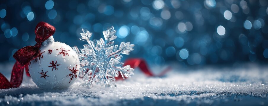 a blue background with snowflakes and stars, a white christmas ornament decorated with red ribbon on the left side a beautiful glass christmas decoration, a large snowflake Generative AI - Powered by Adobe