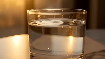 A clear glass of water placed on a reflective surface with warm sunlight creating a serene and calming atmosphere