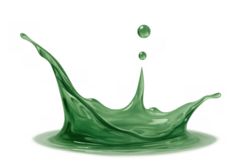 Green fluid splash creating a crown shape with falling drops, abstract liquid motion on transparent background