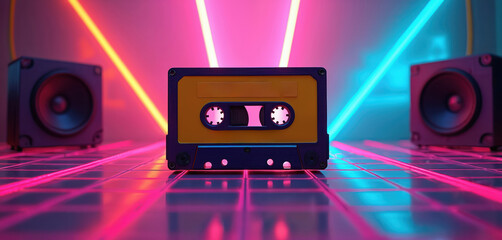 Retro cassette tape and speakers with neon lights. Vibrant pink and blue lines glow on checkered floor. Funky 80s synthwave party scene. Loud music vibe.