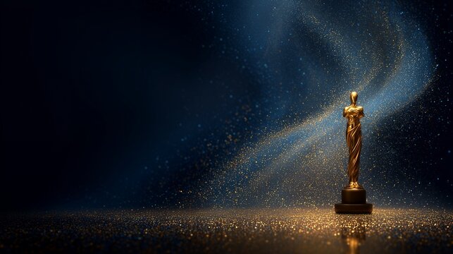 Golden statue awards on dark blue background with glitter and light effect, concept for celebrating victory, recognizing achievement and excellence in performance