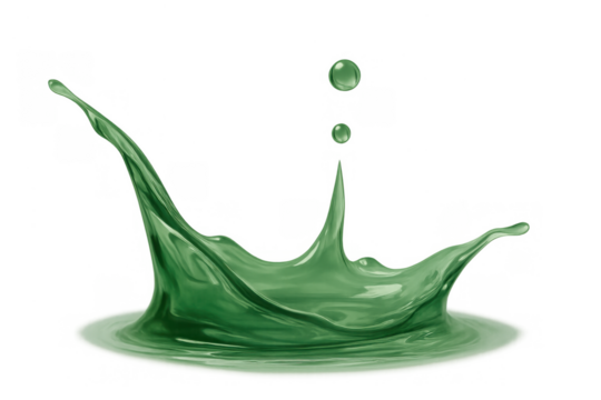Green fluid splash creating a crown shape with falling drops, abstract liquid motion on transparent background