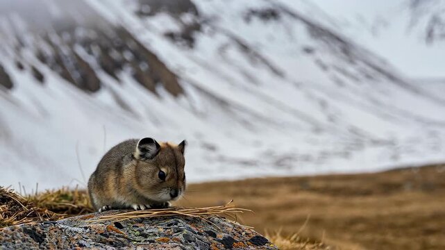 A small, brown pika sits on a textured rock, clutching dry grass in its mouth, with majestic snow-covered mountains visible in the softly blurred background.