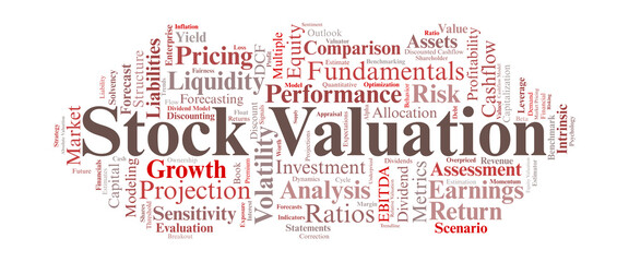 Stock Valuation Word Cloud. Core Terms for Intrinsic Value, Pricing Models, and Analysis