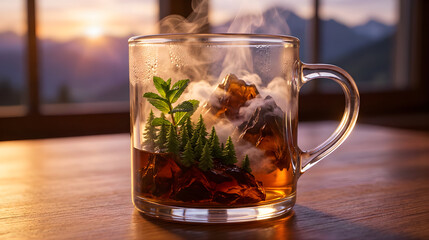 Miniature Mountain World Inside a Steaming Coffee Mug &ndash; Surreal Morning

