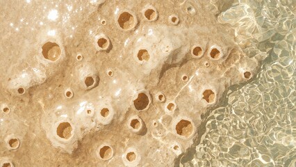 Coral reef with holes, near the water's edge, showcasing natural marine formations and textures.