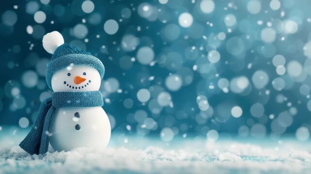 Whimsical Winter Wonderland: A jovial snowman, adorned in a cozy hat and scarf, stands amid a gentle snowfall, capturing the magic of the season and evoking a sense of tranquility.