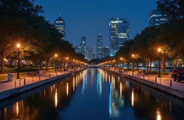 Fototapeta premium Night scene canal with water reflection. Waterfront view illuminates pathway streetlights. Modern architecture outlines nighttime cityscape. Texas Woodlands city park at evening dusk glows with light