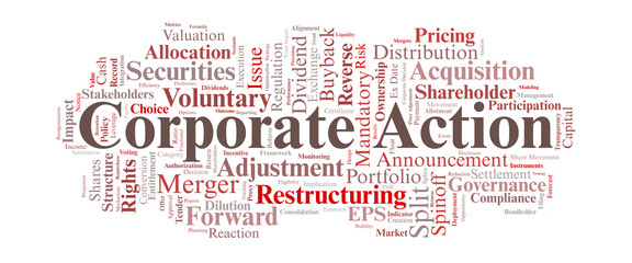 Corporate Action Word Cloud. Key Terms on Dividends, Splits, Mergers, and Investor Impact