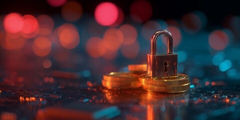 Golden padlock with coins on electronic circuit background in blur neon lights. Concept for cryptocurrency security, digital payment and secure online transaction