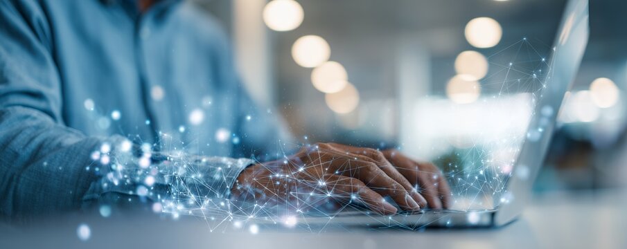 Close up of IT manager hands typing on a laptop with network illustration, concept for digital transformation, data analysis and online communication