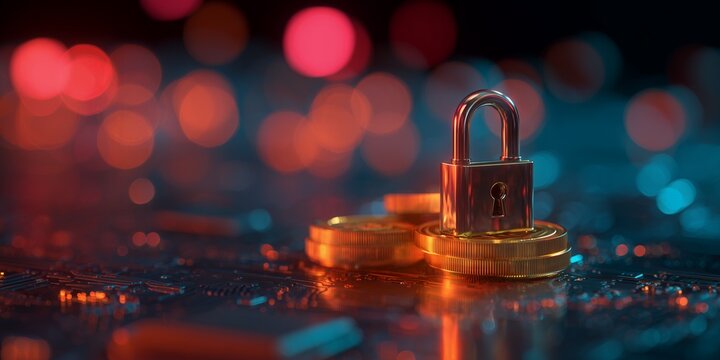 Golden padlock with coins on electronic circuit background in blur neon lights. Concept for cryptocurrency security, digital payment and secure online transaction