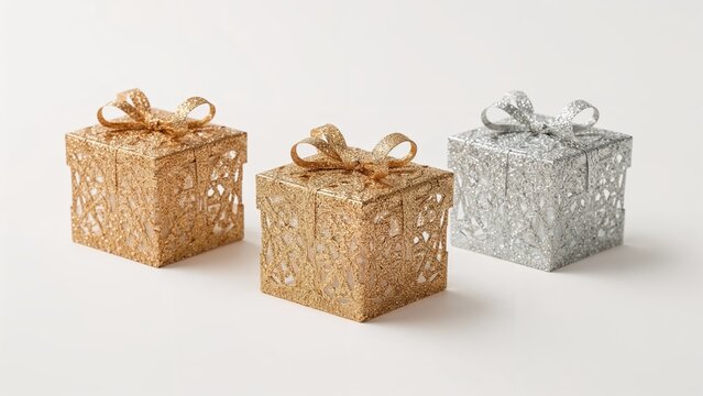 Gold, bronze, and silver gift boxes with lace-like patterns and bows on top. Elegant holiday or special occasion wrapping. Decorative and festive gift packaging.