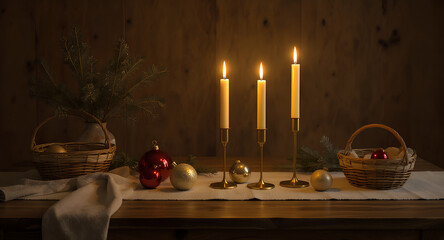 An elegant European holiday table setting with candles, pine branches and ornaments. Warm golden light and natural textures create a cozy minimal festive atmosphere ideal for seasonal lifestyle themes