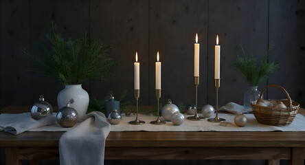 An elegant European holiday table setting with candles, pine branches and ornaments. Warm golden light and natural textures create a cozy minimal festive atmosphere ideal for seasonal lifestyle themes