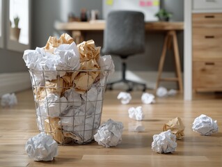 Metal waste basket filled with crumpled white and brown paper balls on office floor, concept for writer's block, creative process and deadline pressure