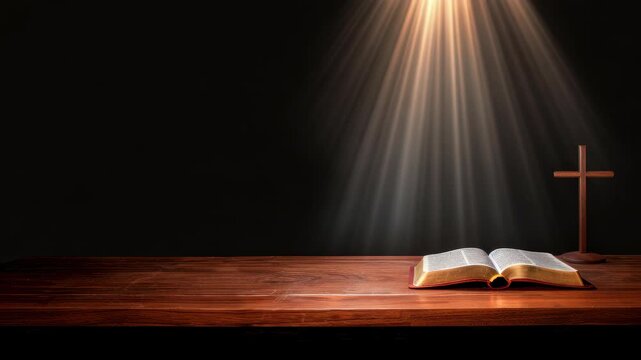 Sacred Scriptures: A captivating image shows the opened pages of a holy book bathed in ethereal light, accompanied by a simple wooden cross