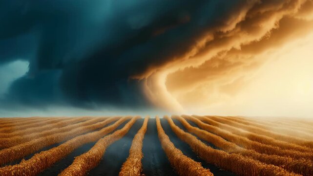 Dramatic Sky Above Field: An awe-inspiring view of a golden field under the tumultuous embrace of a massive storm, conveying the raw power and beauty of nature.