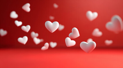 White hearts floating on red background symbolizing love and romance.