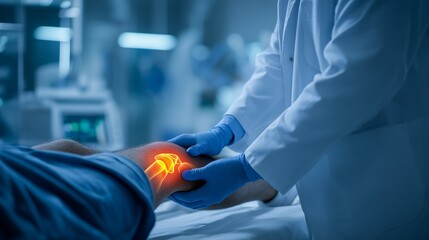Doctor in blue gloves examining patient's knee with bright orange x-ray effect, concept for medical diagnosis, orthopedic surgery and healthcare services