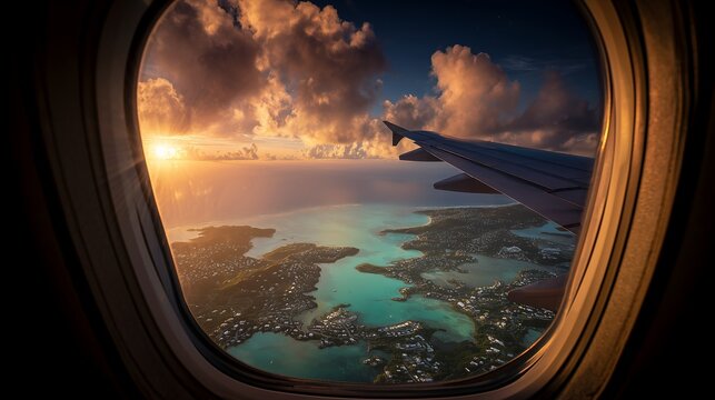 Aerial view of tropical islands from an airplane window during sunset with vibrant clouds, concept for travel destination, tourism promotion and summer vacation